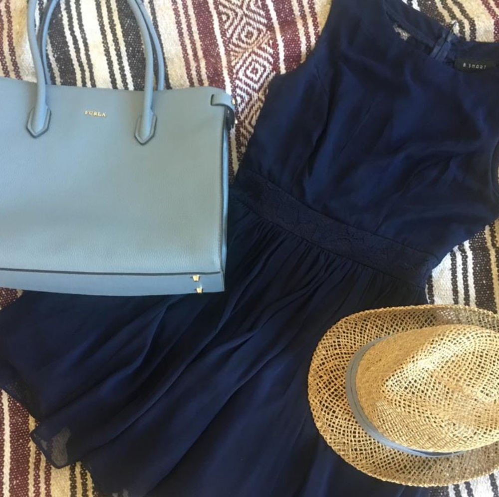 Navy exposed-back lace fit and flare layered dress